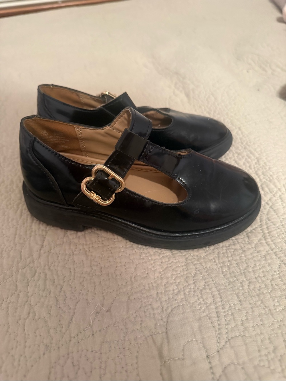 Classic Black Patent Mary Jane Shoes with Gold Buckle